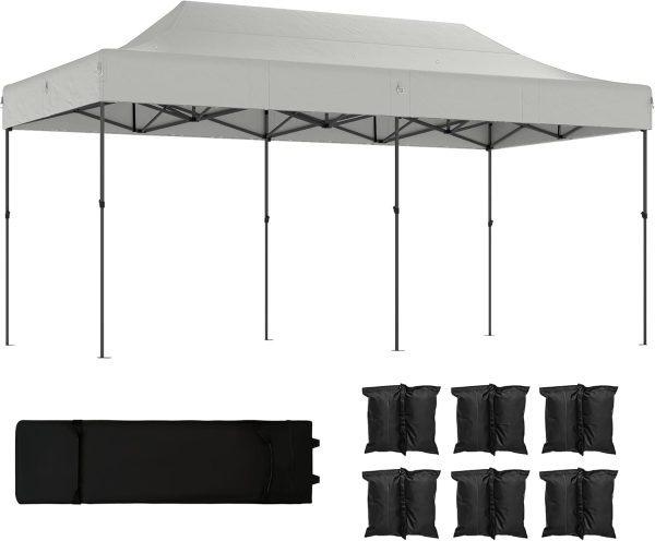 10 x 20 ft Pop Up Canopy Tent, Heavy Duty UPF50+ Outdoor Portable Instant Canopy Shelter with Wheeled Carry Bag, Sandbags, Adjustable Height for Parties, Events, Camping, White
