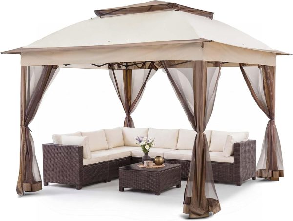 11x11 Pop Up Gazebo with Mesh Netting, Instant Outdoor Canopy Tent, Water Resistant Shelter with UPF 50+ UV Protection, 121 Sq Ft Coverage, Beige