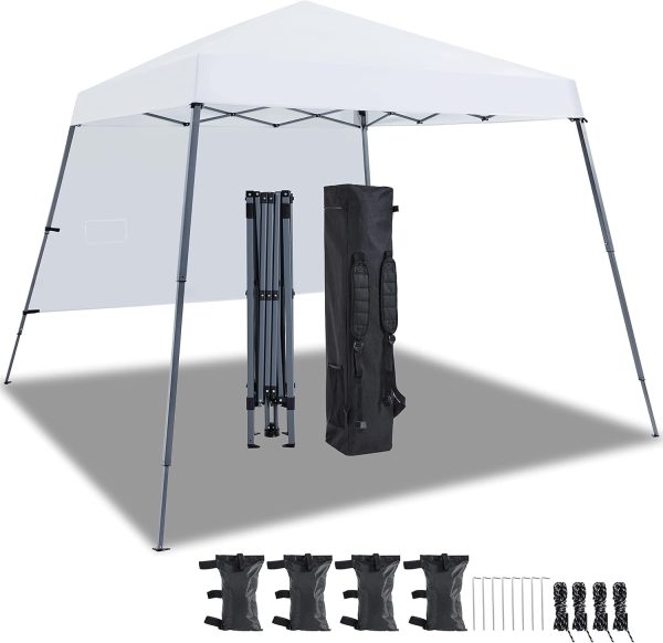 10x10 Slant Leg Canopy Tent, Pop Up Folding Shelter, Portable Lightweight with 1 Sidewall for Outdoor Patio Backyard, Silver-Coated White