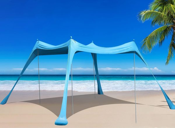 Family Beach Tent Canopy Sun Shade, Pop Up Grande Beach Tent Sun Shelter Stability 4 Poles with Portable Carry Bag Outdoor Shade for Fishing Backyard Camping