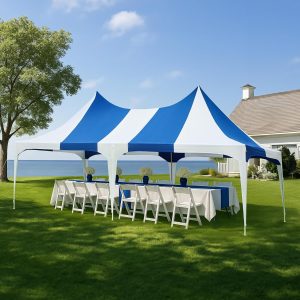13x26ft Party Tent, White Wedding Heavy Duty Double Peaked Canopy Tent with Pole-Less Event Space, 60 Person Capacity Outdoor Gazebo Pavilion Shelter for Party, Event, White & Blue