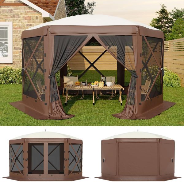 Life 11.5x11.5FT 6-Sided Pop Up Gazebo Tent，One-Push Setup Canopy Tent with Mesh Panels & Removable Wind Cloths, Outdoor shelter for Camping, Backyard Parties, Outdoor Events - Beige & Khaki