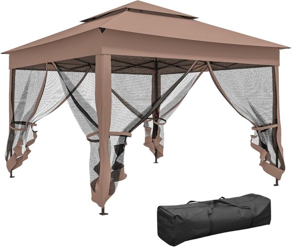 11' x 11' Pop Up Canopy, Outdoor Patio Gazebo Shelter with Removable Zipper Netting, Instant Event Tent w/ 114 Square Feet of Shade and Carry Bag for Backyard, Garden, Brown
